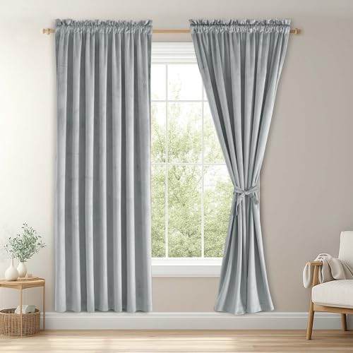 JIUZHEN Rideau occultant velours gris argent 52L x 63L 2 panneaux