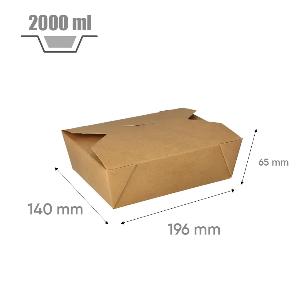 200 cajas de comida americanas de cartón Kraft marrón, 2000 ml, envases ecológicos con cierre de solapa, robustos y antifugas, ideales para llevar comida y restaurantes y servicios de catering