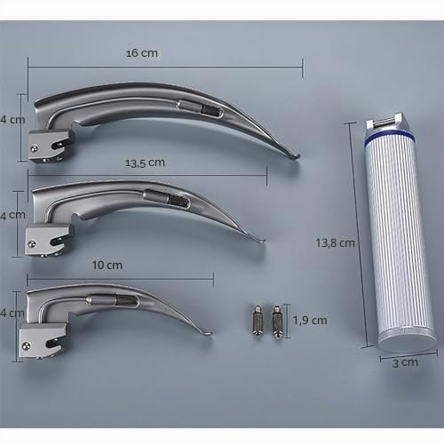 Airway Intubation Set Edelstahl mit 3 gebogenen Klingen, 2 LED Ersatzbirnen und Griff für medizinisches Fachpersonal, Ärzte, Krankenschwestern