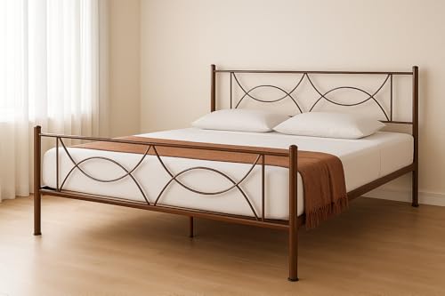 Image of Luno Metal King Size Bed Without Storage | Wrought Iron Double Bed with Headboard & Footboard | Sturdy Powder Coated Platform Bed King Size Cot for BedroomLivingRoom Brown (75x72)