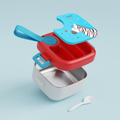 Image of Stainless Steel Bento Lunch Box for Kids | Leak-Proof, BPA-Free, Easy-Clean Tiffin with Spoon | School & Travel Lunch Container | LUNCHMATE Super Cute (500ML - Blue & Red)