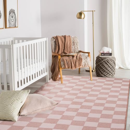 6x9ft Light Pink Checkered Area Rug for Kids' Room
