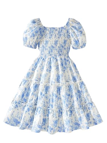 Floerns Girl's Floral Tiered Ruffle Midi Dresses Puff Sleeve Square Neck A Line Dress