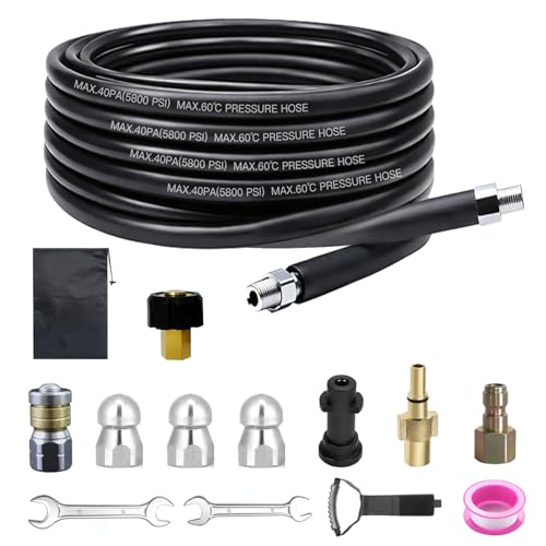 Manguera de limpieza de tuberías de 10 m para limpiador de alta presión, juego universal con boquillas y adaptadores, 200 bares, apto para limpiadores de alta presión Karcher K2-K7 y Bosch, para tubo