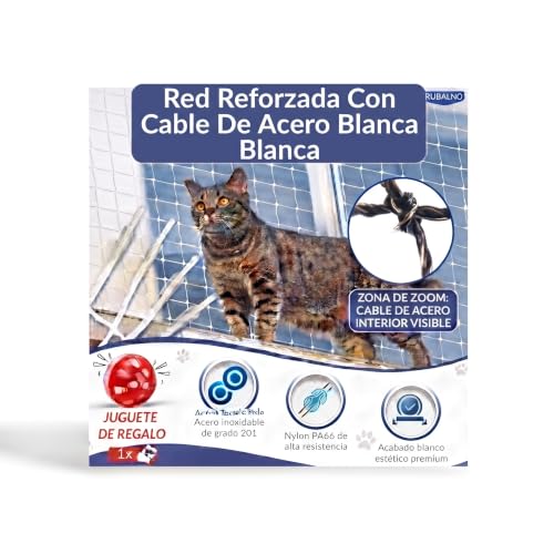 RUBALN®️Red para Gatos terraza Reforzada con Cable de Acero Blanca-Red Gatos Ventanas Balcon-Malla de Nylon con Kit instalación+Instrucciones +Juguete para Mascota (3x8 R)