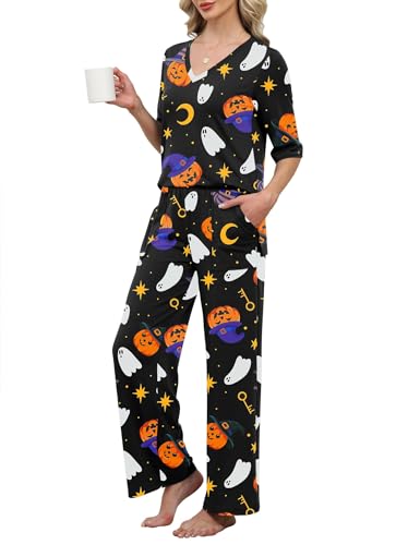LOMON 2 Piece Pajama Sets for Women 3/4 Sleeve Tops and Long Pants Casual Soft Loose Lounge Outfits (Halloween XL)