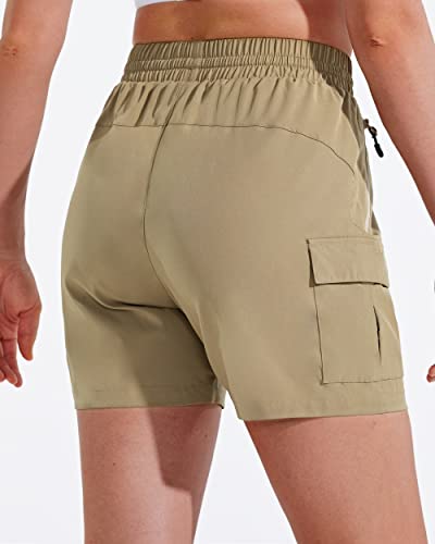 MASKERT Wanderhose Damen Kurz Outdoor Sports Shorts 5'' Laufshort Stretch Sporthose Laufhosen Sommer Kurze Cargohose Wandershorts mit Taschen, Khaki M