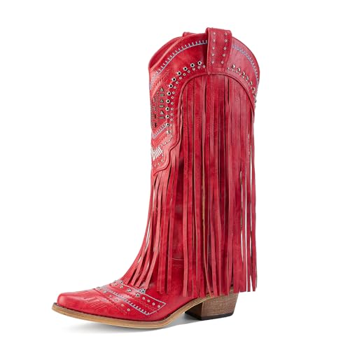Image of Fringe Cowboy Boots for Women Wide Calf Embroidered Tassal Cowgirl Boot Knee High Snip Toe Pull On Western Shoes