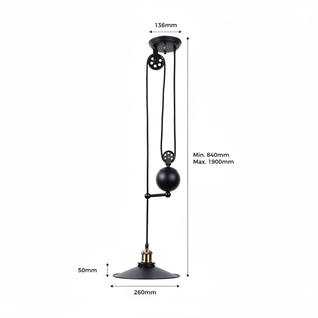 BARCELONA LED Industrielle Pendelleuchte CLOCK WORK mit Seilzug, Höhenverstellbare Vintage Hängelampe E27 bis 40W, Schwarze Metall Deckenlampe im Retro Stil für Esszimmer, Küche