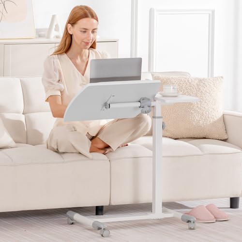 Image of GTPLAYER Small Standing Desk, 28 Inches Tiltable Mobile Rolling Laptop PC Table with Lockable Casters, Adjustable Height Overbed Bedside Table Computer Workstation for Home Office, White-Tiltable