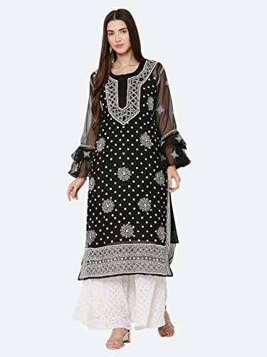 Image of FAWOMENT Women's Designer Georgette Straight Kurta with Hand Crafted Lucknowi Chikankari Embroiderey Emblemished Moti Work Along