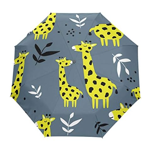 QMIN Auto Folding Umbrella Cute Giraffe Animal Leaves Windproof Anti-UV Protection Travel Compact Rain Umbrella for Women Ladies Men Girls Cover