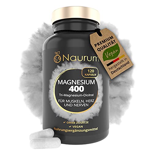 NAURUM® MAGNESIUM 400 - 120 vegane hochdosierte Kapseln - 400 mg reines elementares Magnesium - Tri-Magnesium Dicitrat statt Magnesiumcitrat - laborgeprüft, in Deutschland produziert Cover