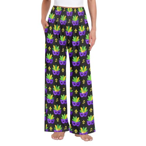 Pantalon large avec poches taille haute fluide pour femme imprimé masque et fleur de lis
