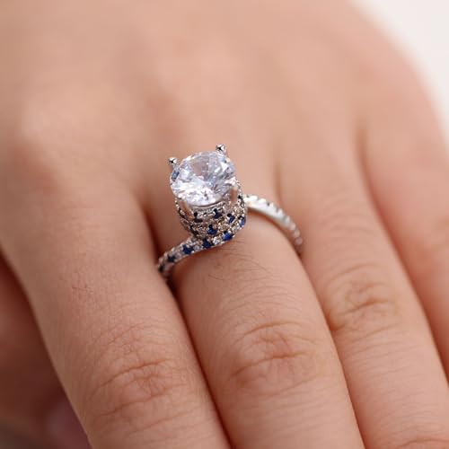 Platinum Plated Spiral Twist Ring for Women | Engagement, Wedding, Anniversary Jewelry | Large White Cubic Zirconia with White & Blue CZ Accents | Available in Sizes 6 7 8 9