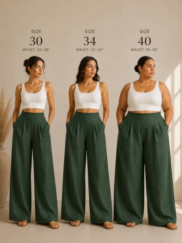 Image of Womanista Women's Relaxed Fit Pure Cotton Linen Flared Palazzo Pants for Woman | Wide Leg Casual Trouser with Pockets | Plazo pants for Women | High Waist Office & Travel Wear (Available in plus size)