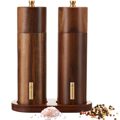 41u9dciox L. SL500 LOYIM Wooden Salt and Pepper Grinder Set Manual Salt and Pepper Mill with Tray Adjustable Coarseness Refillable Wood Grinders with Gold Bottle Label for Kitchen(Wood Color,8 Inch)