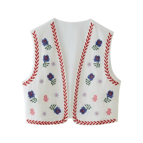 Gilet da donna vintage floreale ricamato, gilet corto in stile casual aperto davanti, cardigan senza maniche, abbigliamento da esterno, streetwear, N-WHITE, M Gilet da donna vintage floreale ricamato, gilet corto in stile casual aperto davanti, cardigan senza maniche, abbigliamento da esterno, streetwear, N-WHITE, M