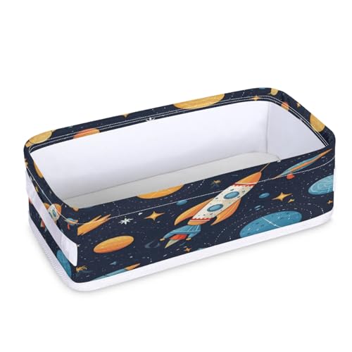 Tablerazzi Toilet Tank Topper Paper Basket with Handle, Spaceship Rocket Ship Galaxy Theme Bathroom Storage Basket for Organizing, Small Fabric Storage Bins for Bathroom Decor