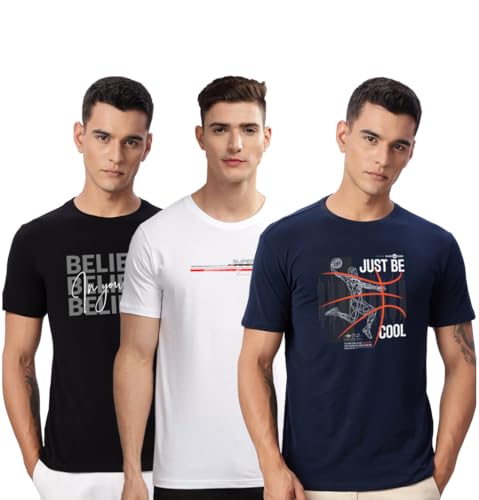 Image of ADRO 100% Cotton Lycra Tshirts for Men Combo Pack of 3 | Regular Fit | Printed T Shirt | Round Neck Half Sleeve| Mens Tshirts