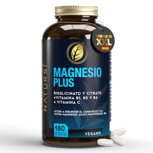 Citrato de Magnesio 1651mg + Bisglicinato de magnesio 600mg + vit B1, B5, B6 y C- Alivia Dolor Articulaciones, vitaminas para el Cansancio - Magnesium Alta Biodisponibilidad |180 Comprimidos Natursí