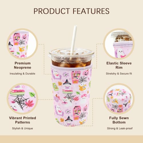 Image of Insulated Neoprene Cup Sleeve for Iced Coffee & Cold Soda - Reusable & Sweatproof, Keeps Drinks Cold Longer, Coffee Coolie for Hot & Iced Drinks (Halloween Ghost & Book, Small: 16-18oz)