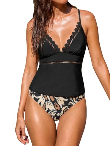 CUPSHE Conjunto de tankini para mujer, con cuello en V festoneado, recortes, traje de baño de dos piezas, ajustable, con lazo, tiro medio, Negro/Tropical, M