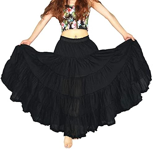 Women's Maxi Skirt Boho Pleated Cotton 5 Tiered Long A-Line Dance Skirts