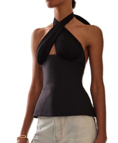 Women Silky Halter Neck Crop Top Sleeveless Crisscross Wrap Tank Top Y2k Summer Slim Fit Backless Cami Top