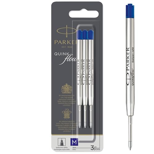PARKER Quinkflow Refil de tinta para caneta esferográfica, ponta média, azul, 3 unidades