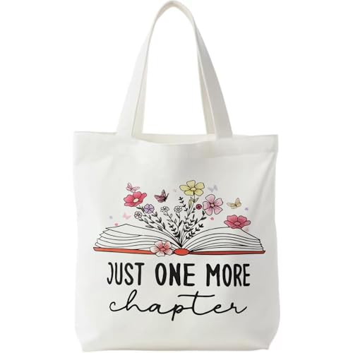 Just One More Chapter Sac fourre-tout en toile réutilisable pour les amateurs de livres, sacs d'épicerie avec impression recto verso pour femme, cadeaux pour les amateurs de livres, 40 x 35 cm
