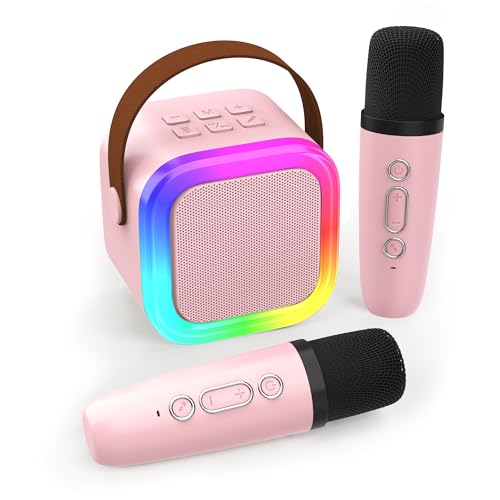 Koolcover Mini Karaoke Machine for Kids Adults, Portable Bluetooth Speaker with 2 Wireless Microphones,Toys Birthday Gifts for Girls Ages 4, 5, 6, 7, 8,9,10,11,12+ Family Home Party (Pink)