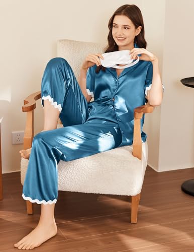 Image of Ekouaer Womens Silk Satin Pajamas Set Button Down 2 Piece Pjs Short Sleeve Long Pants Sleepwear Lounge Set, S-XXL