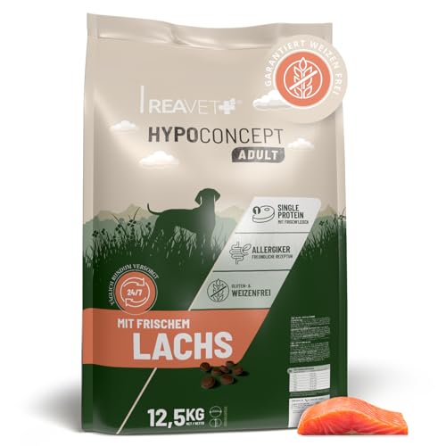 ReaVET HYPOCONCEPT Hundetrockenfutter Lachs – Single-Protein mit Frischfleisch I Weizenfrei & ohne Zucker Trockenfutter für alle Hunde & Rassen, auch für Sensible Hunde & Allergikerfreundlich I 12,5kg