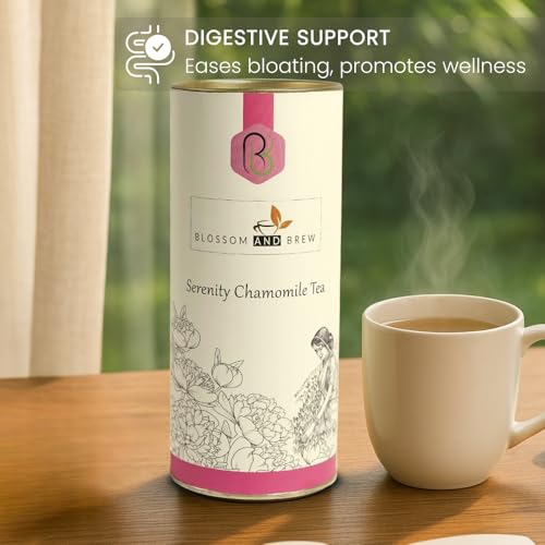 Image of Blossom & Brew Serenity Chamomile Tea - Soothing Dried Chamomile Flowers - Premium Herbal Infusion with Naturally Caffeine-Free Floral Notes- Handpicked Indian Aromatic Blend (3.52oz)