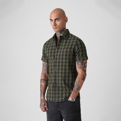 Image of BLUE BUDDHA Men Checked Casual Shirt | Tailored Fit Half Sleeve Shirt for Men | Curved Hem Ready to Wear, Office Casual & Weekend Wear