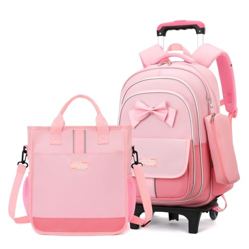 MITOWERMI Rolling Backpack for Girls 3Pcs Elementary School Bag Cute Bowknot Backpack with Wheels Girls Bookbags with Handbag Trolley Bags Kids Carry-On Luggage