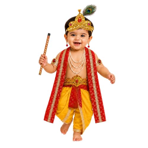 Image of ITSMYCOSTUME Krishna Dress for Baby Boy Kids Set of 10(Dhoti,Patka,Hip Cover,Mukut,Morpankh,Bansuri,Kamarband,Bajuband,Kundal) Little Krishna Ji Kanha Janmasthmi Costume for Kids