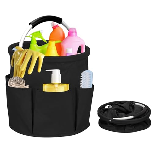 Carrello Pulizie Con Manico, Cesto Per La Conservazione Dei Prodotti Per La Pulizia, Cestino Porta Attrezzi Con 6 Tasche Esterne,Cestino Portaoggetti Pulizie Pieghevole In Tessuto Oxford (nero)