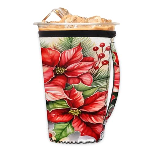 Christmas Flowers Fruits Reusable Neoprene Coffee Sleeve with Handle Insulated Iced Coffee Cup Holder Reduces Condensation Fits 24-28 oz Cups M