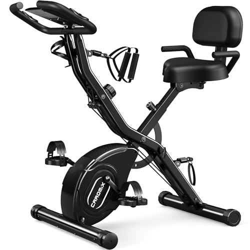 Caromix Folding Exercise Bike, 5 in 1 Stationary Magnetic Cycling Bicycle Upright Indoor Cycling Bike for Home Workout 330LB Capacity (Black-Green)