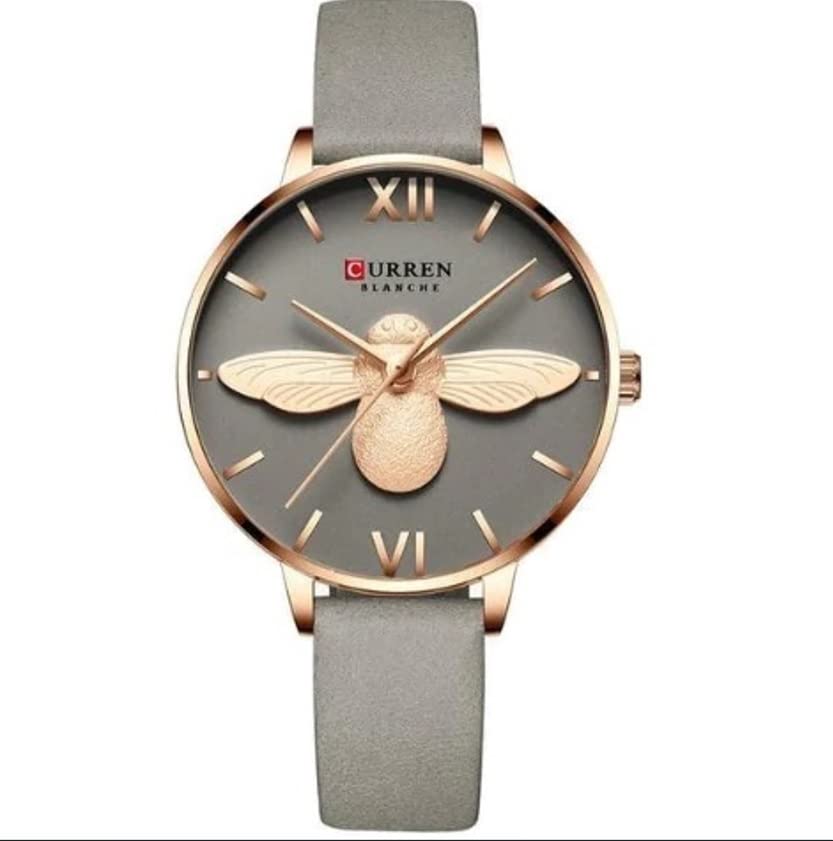 CURREN Ladies Analog Watch Stainless Steel Rose Gold Case Bee Design Dial Gray Leather Strap