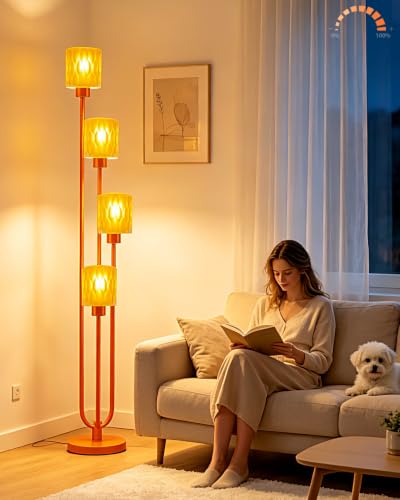 Image of Lightdot Orange Glass Floor Lamp Dimmable 4-Light Farmhouse Gold Floor Lamp | Mid Century Modern Standing Tall Lamp with 5Lbs Heavy Base for Living Room /Bedroom /Sofa Beside /Corner Decor -Bulbs Included