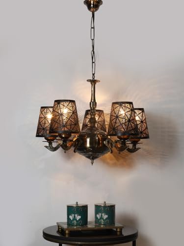 Image of Devansh 05 Lights Metal Etched Shade with Antique Golden Chandelier -ZA
