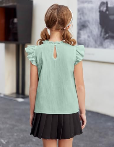 Image of Arshiner Girls Ruffle Short Sleeve Shirts Cute Summer Frill Neck Pleated Textured Blouse Tops