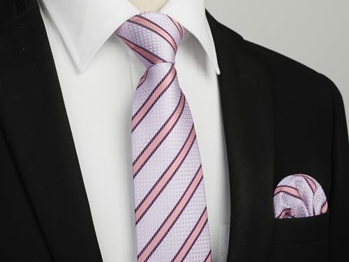 Image of HISDERN Mens Striped Ties Classic Silk Woven Tie and Pocket Square Set Formal Business Necktie Handkerchief for Wedding
