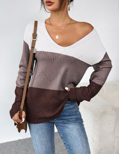 Image of Zeagoo Womens Sweaters Fall Trendy Casual Long Sleeve Shirt Lightweight V Neck Off Shoulder Crochet Pullover Top Outfit