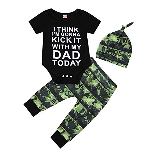 Infant Baby Boy Clothes Little Dinosaur Print Romper Bodysuit Pants Hat 3pcs Outfit Set Cute Short Sleeve Jumpsuit (Black, 9-12 Months)