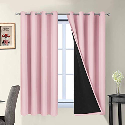 Image of Yakamok Pink 100% Blackout Curtains 63 Inches Long for Bedroom 52 inch Wide | Blackout Curtain Panels for Bedroom, 2 Thick Layers Grommet Top Thermal Insulated Drapes with Black Liner for Living Room