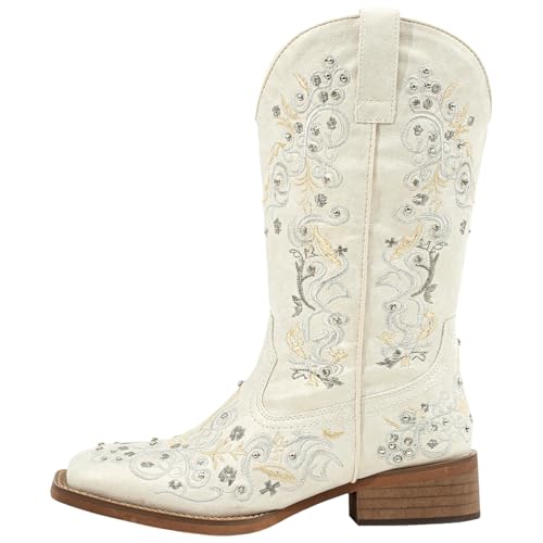 SheSole Women Cowboy Boots Sparkle Western Cowgirl Boots for Ladies Rhinestone Wide Square Toe Mid Calf Floral Shoes2